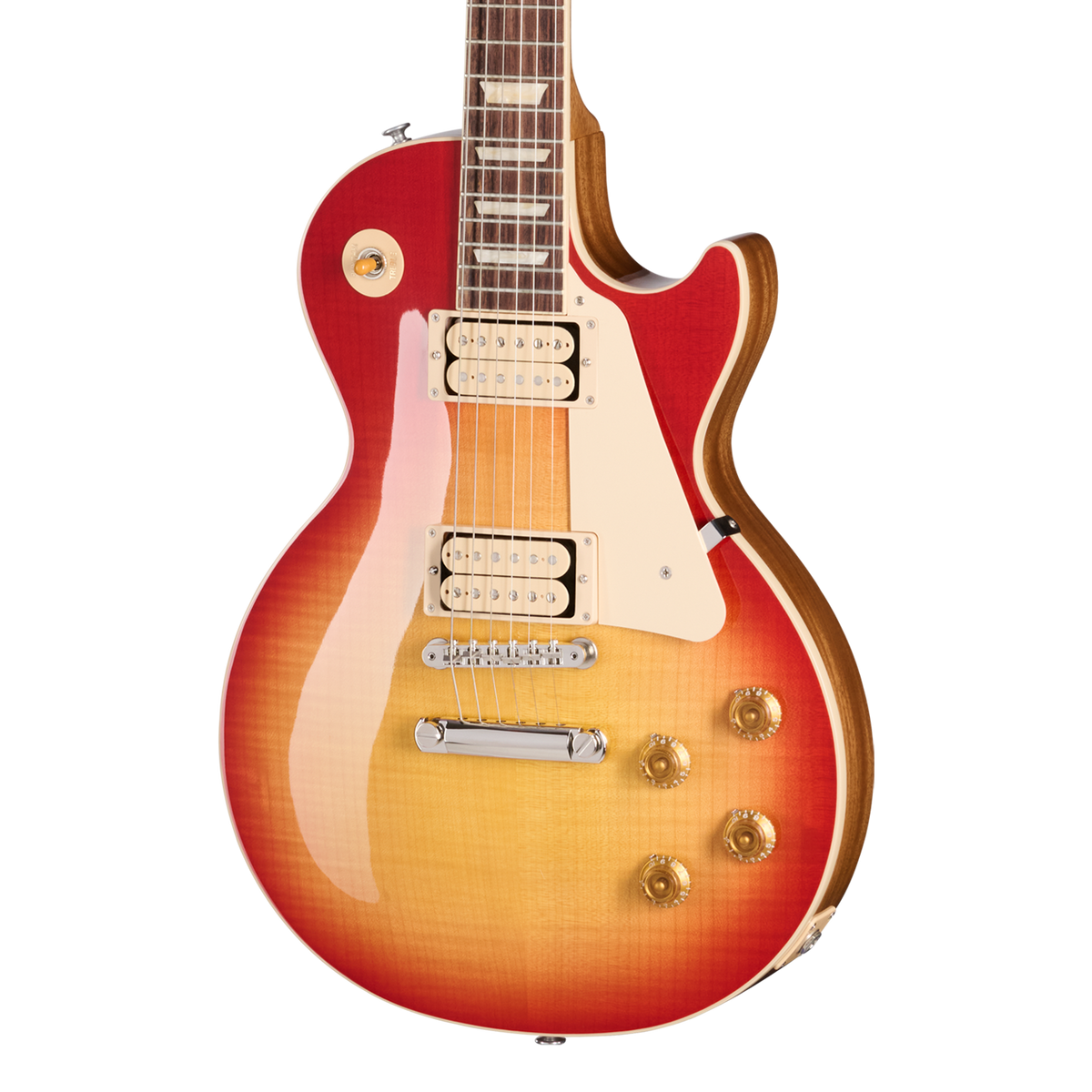 Front of Gibson Les Paul Standard 50s Double Trouble Vintage Cherry Sunburst Gloss.