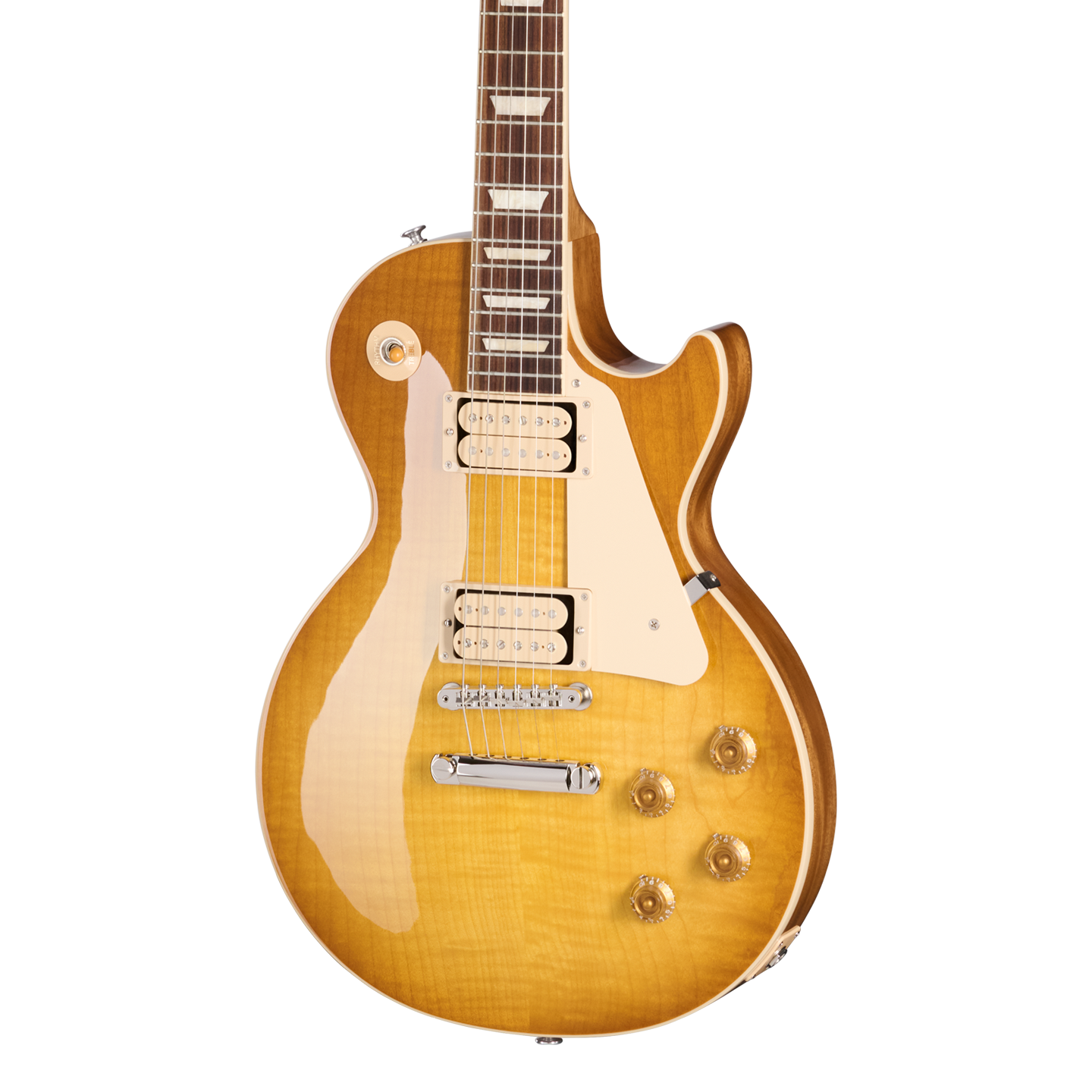 Front of Gibson Les Paul Standard 50s Double Trouble Vintage Honey Burst Gloss.