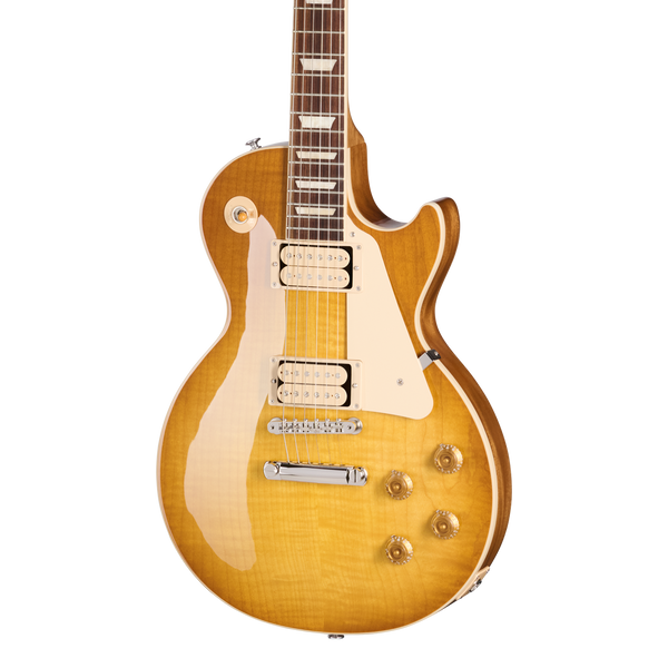 Front of Gibson Les Paul Standard 50s Double Trouble Vintage Honey Burst Gloss.