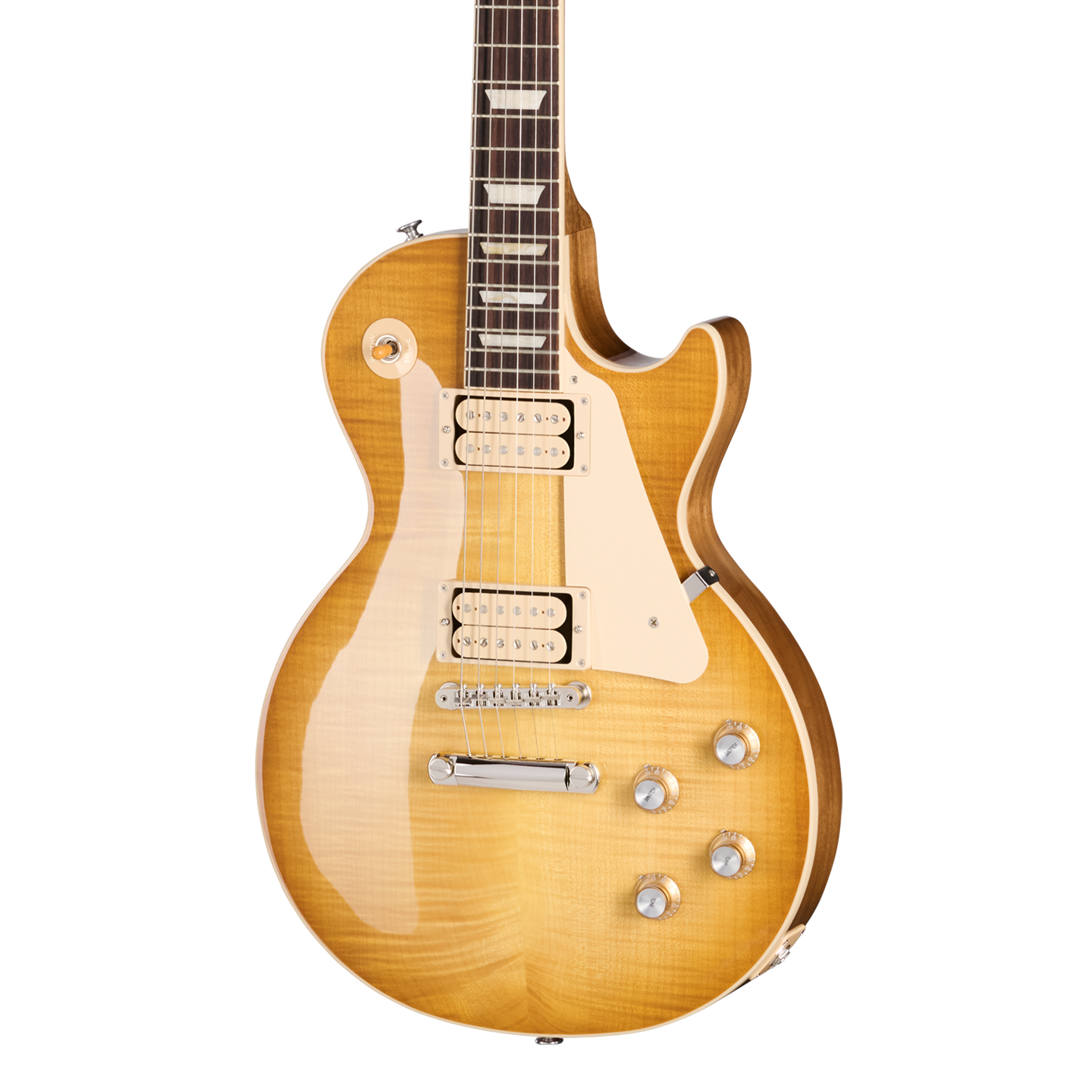 Front of Gibson Les Paul Standard 60s Double Trouble Vintage Honey Burst Gloss.