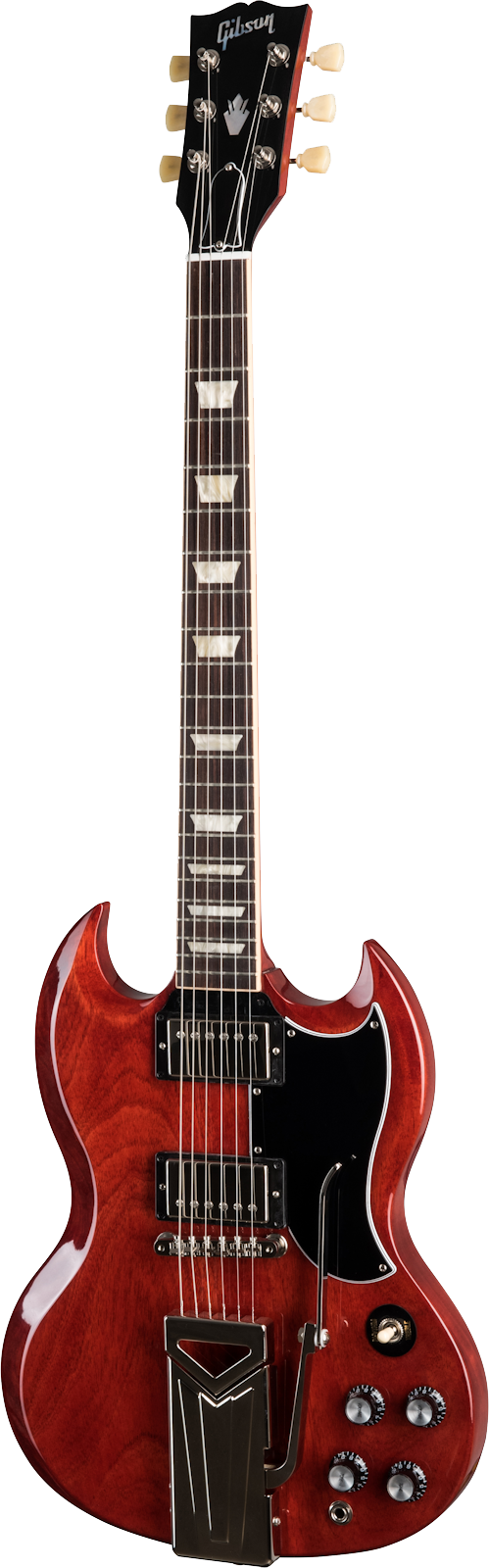 Full frontal of Gibson SG Standard '61 Sideways Vibrola Vintage Cherry.