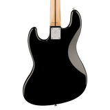 Rear view of a black electric guitar body with a natural wood neck and a silver hardware plate, shown on a white background.