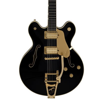 Front of Gretsch Broadkaster LX Center Block String-Thru Bigsby Ebony Black.