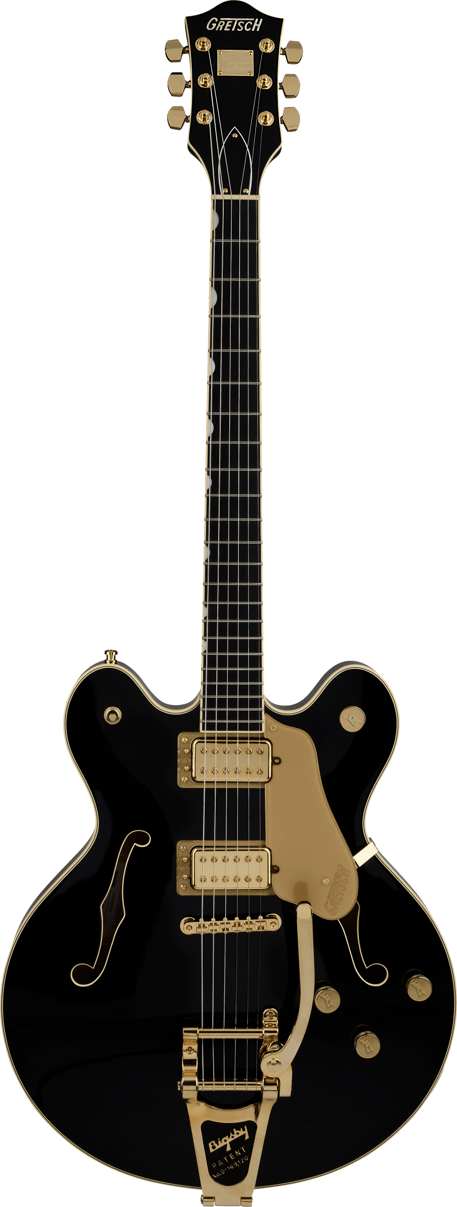 Full frontal of Gretsch Broadkaster LX Center Block String-Thru Bigsby Ebony Black.