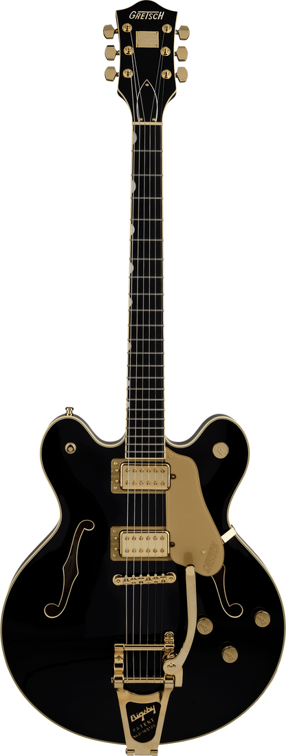 Full frontal of Gretsch Broadkaster LX Center Block String-Thru Bigsby Ebony Black.