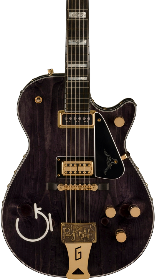 Front of Gretsch Custom Shop G6130 54 Tuxedo Roundup Nos Black Masterbuilt By Chad Henrichsen.