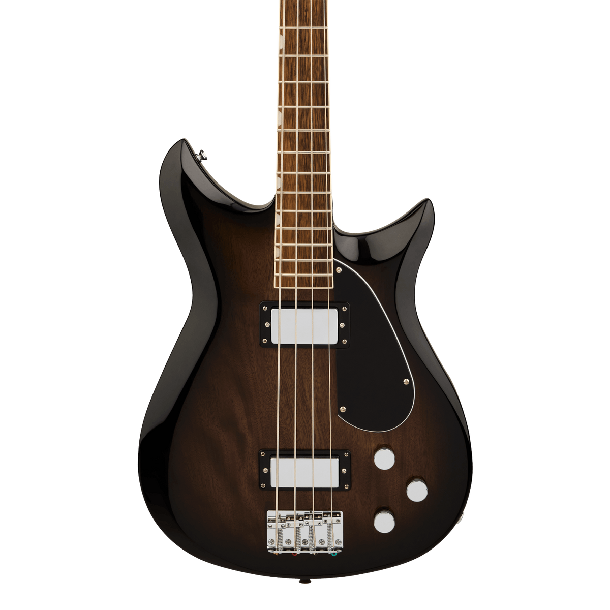 Front of Gretsch Electromatic CVT Bass Double-Cut Bristol Fog.
