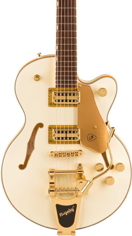 Front of Gretsch Electromatic Chris Rocha Broadkaster Jr CenterBlock Rosewood Vintage White.