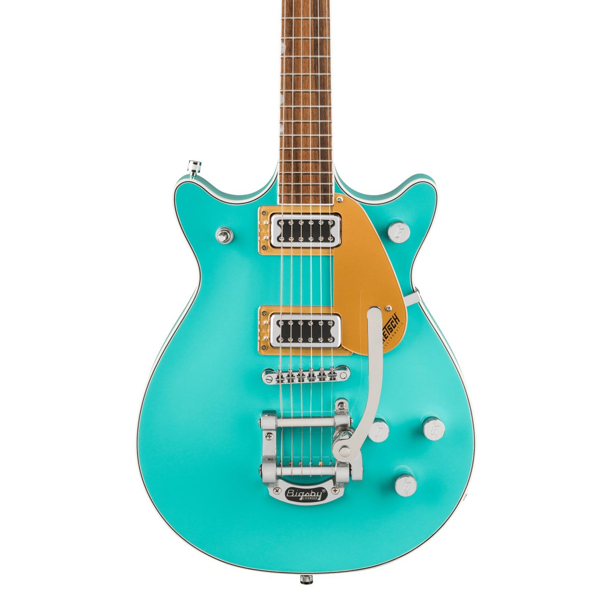 Front of Gretsch Electromatic Double Jet FT Caicos Green.