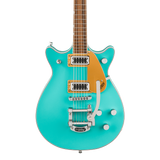 Front of Gretsch Electromatic Double Jet FT Caicos Green.