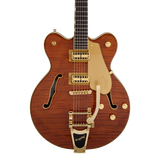 Front of Gretsch Electromatic LTD Flame Okoume Broadkaster Double-Cut Bigsby Rosewood Roundup Orange.