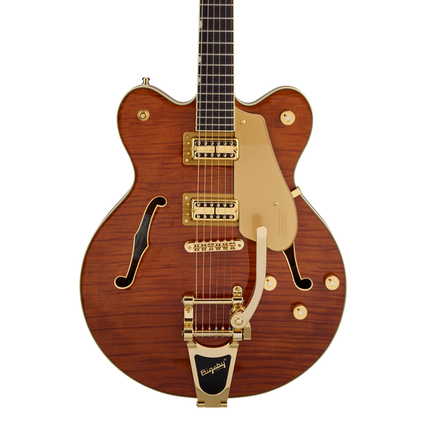 Front of Gretsch Electromatic LTD Flame Okoume Broadkaster Double-Cut Bigsby Rosewood Roundup Orange.