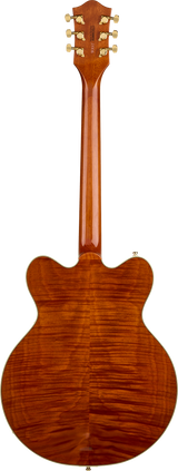 Back of Gretsch Electromatic LTD Flame Okoume Broadkaster Double-Cut Bigsby Rosewood Roundup Orange.