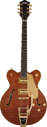 Full frontal of Gretsch Electromatic LTD Flame Okoume Broadkaster Double-Cut Bigsby Rosewood Roundup Orange.