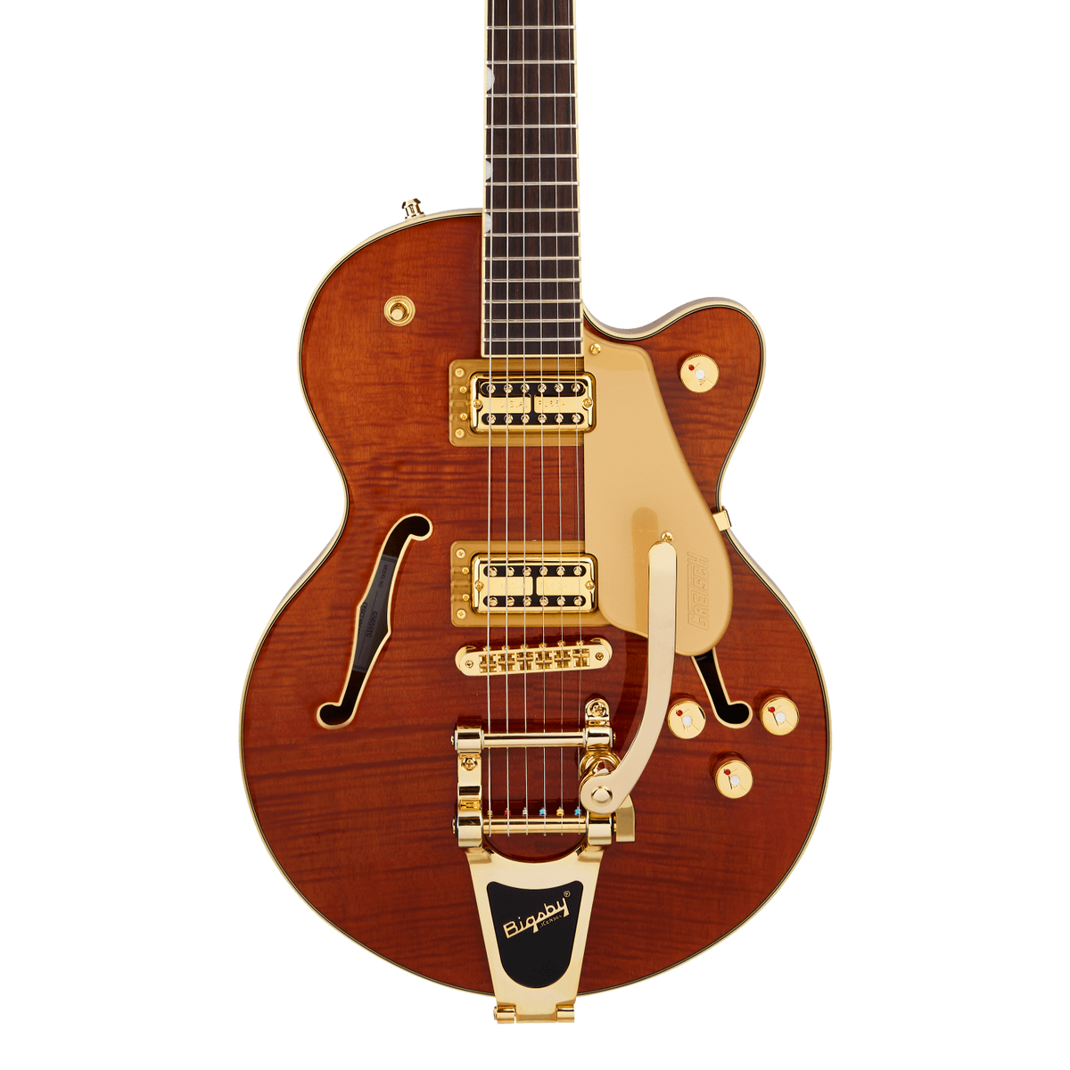 Front of Gretsch Electromatic LTD Flame Okoume Broadkaster Jr. Single-Cut Bigsby Rosewood Roundup Orange.