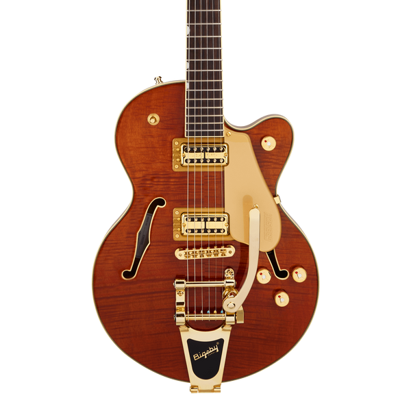 Front of Gretsch Electromatic LTD Flame Okoume Broadkaster Jr. Single-Cut Bigsby Rosewood Roundup Orange.