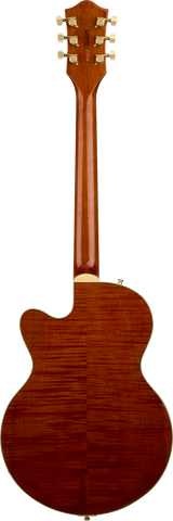 Back of Gretsch Electromatic LTD Flame Okoume Broadkaster Jr. Single-Cut Bigsby Rosewood Roundup Orange.