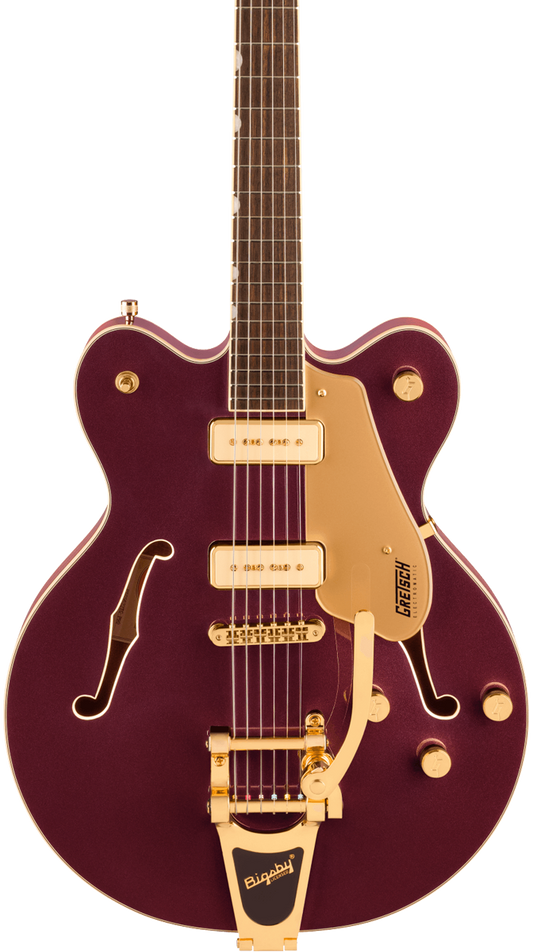 Front of Gretsch Electromatic Pristine LTD Center Block DoubleCut with Bigsby Laurel Dark Cherry Metallic.