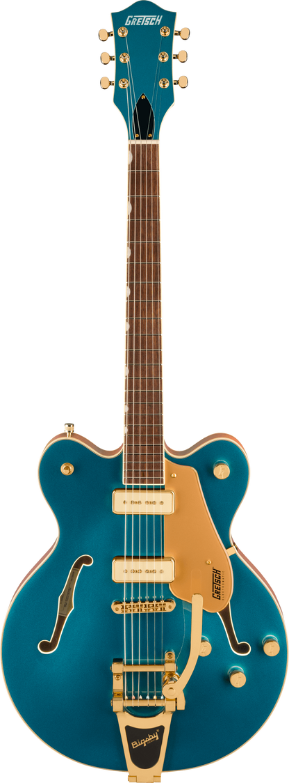 Full frontal of Gretsch Electromatic Pristine LTD Center Block DoubleCut with Bigsby Laurel Petrol.