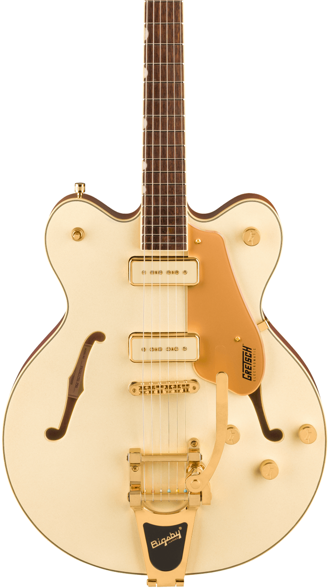 Front of Gretsch Electromatic Pristine LTD Center Block DoubleCut with Bigsby Laurel White Gold.