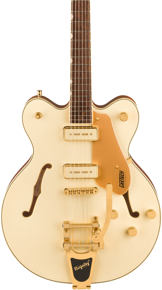 Front of Gretsch Electromatic Pristine LTD Center Block DoubleCut with Bigsby Laurel White Gold.