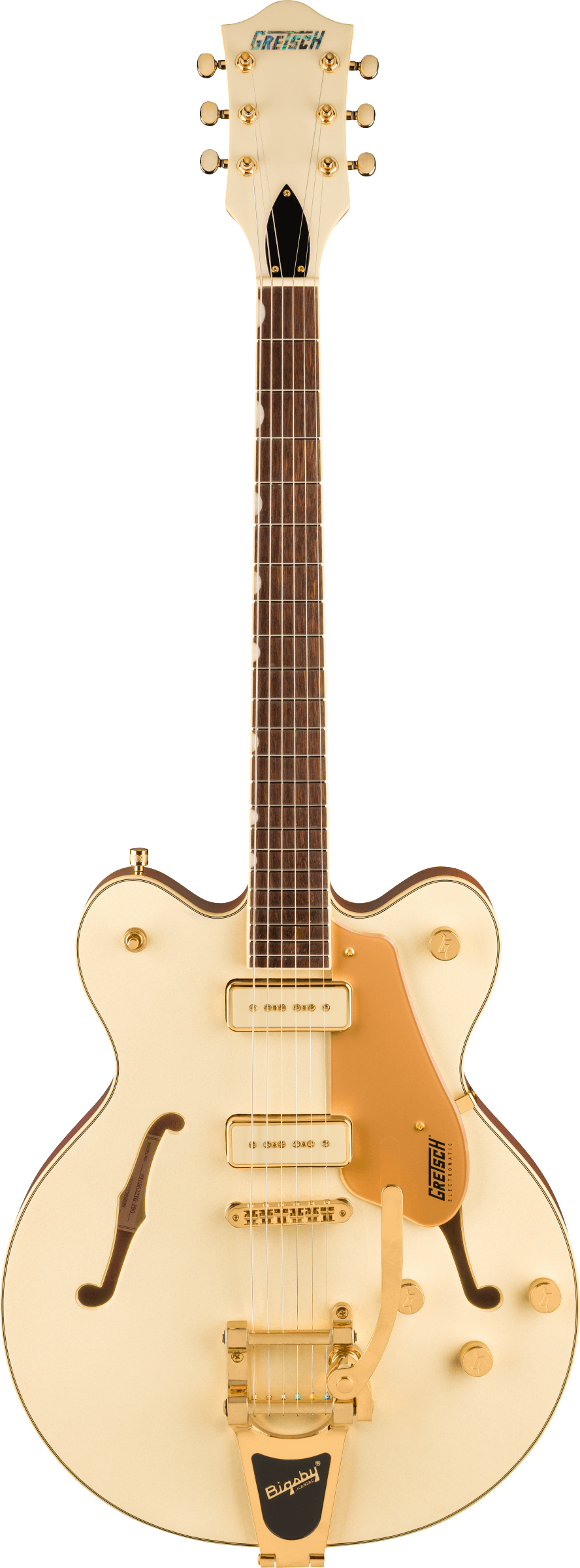Full frontal of Gretsch Electromatic Pristine LTD Center Block DoubleCut with Bigsby Laurel White Gold.