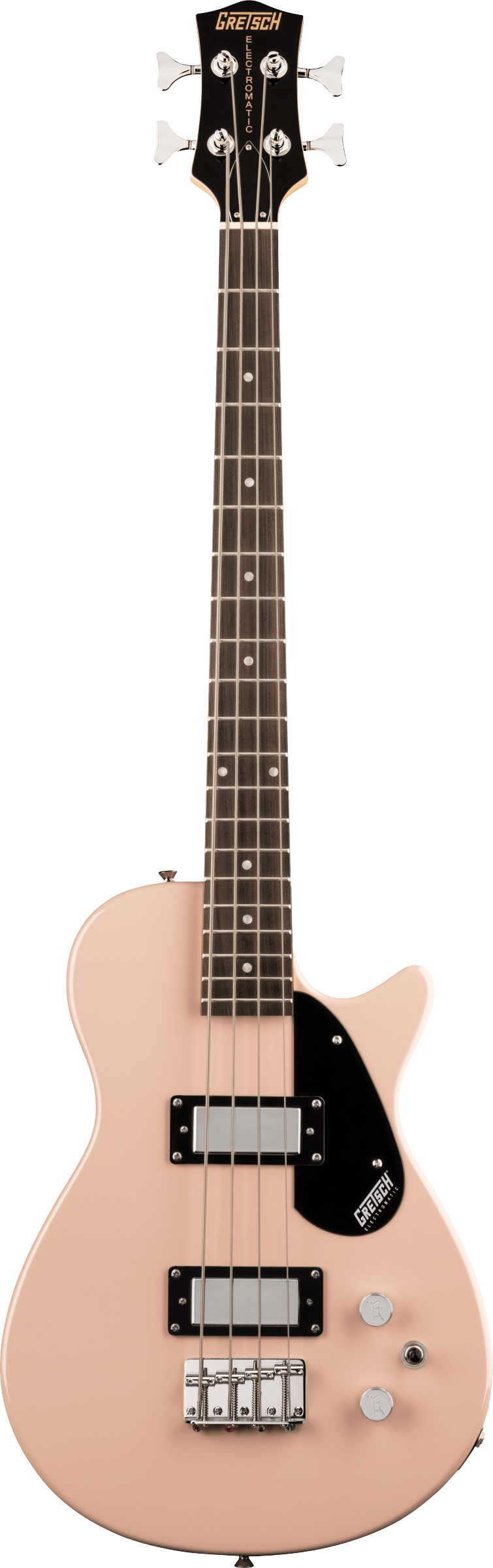 Full frontal of Gretsch G2220 Electromatic Junior Jet Bass II Short-Scale Shell Pink.
