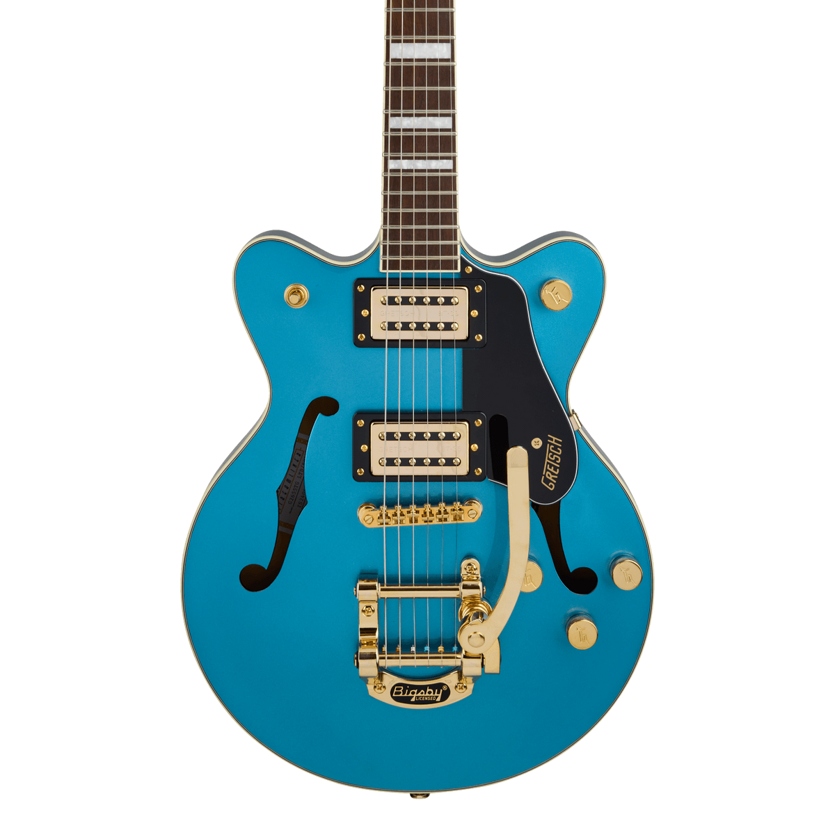 Front of Gretsch G2655TG Streamliner Center Block Jr. Double-Cut Bigsby LTD Riviera Blue.