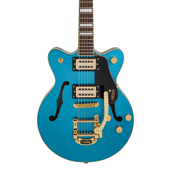 Front of Gretsch G2655TG Streamliner Center Block Jr. Double-Cut Bigsby LTD Riviera Blue.