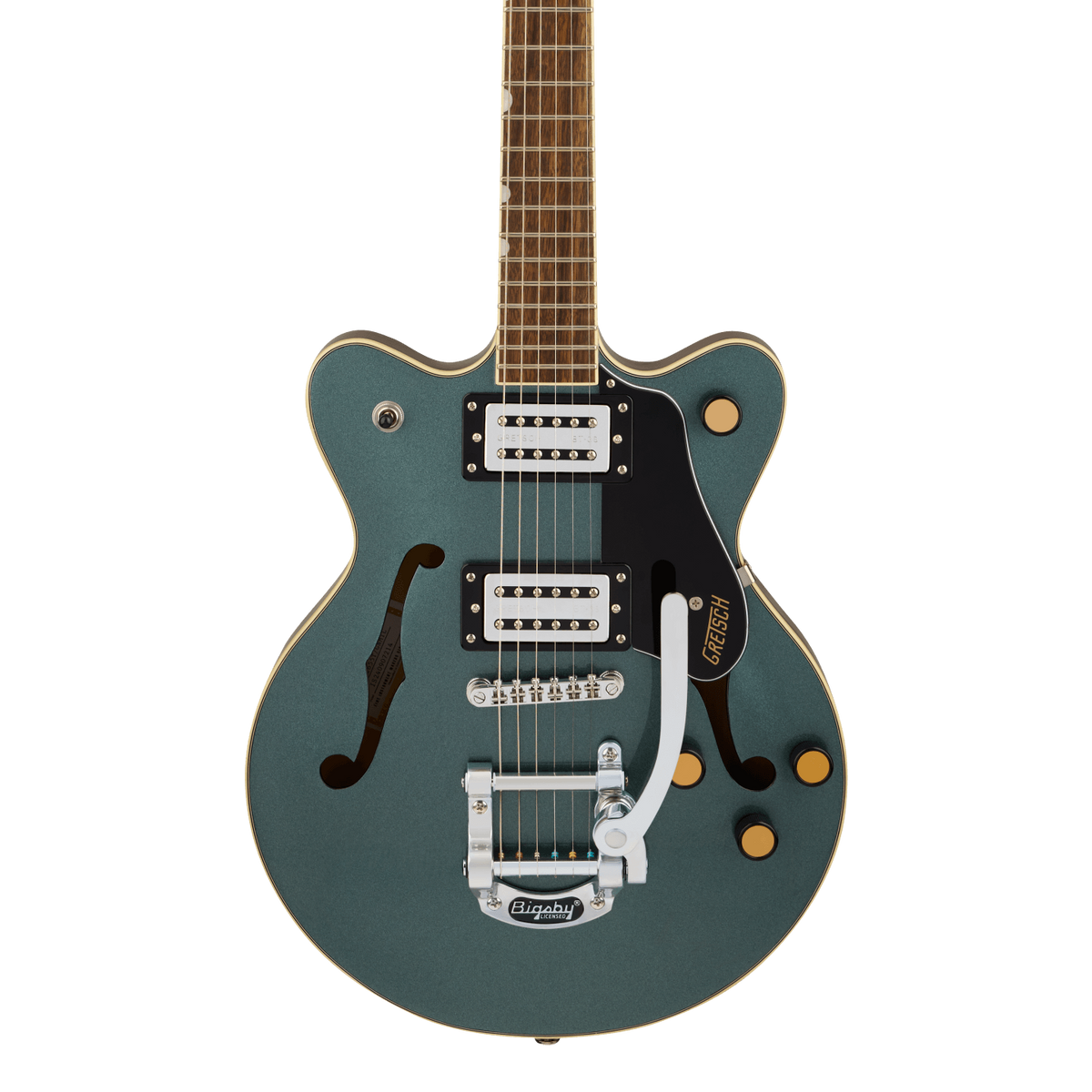 Front of Gretsch G2655T Streamliner Center Block Jr. Double-Cut w/Bigsby Gunmetal 2 Tone.