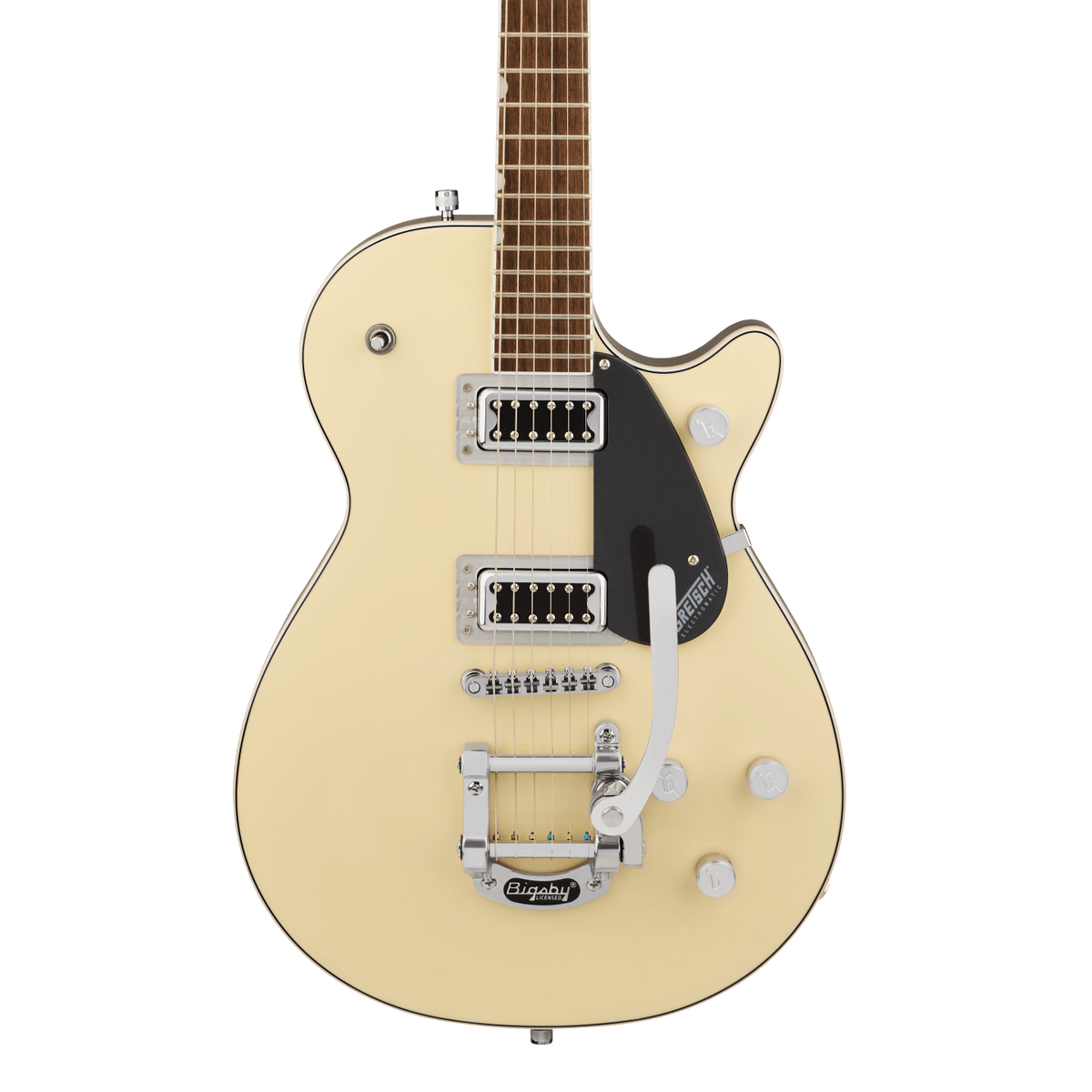 Front of Gretsch G5230T Electromatic Jet Flat Top 2 Tone Vintage White/London Grey.