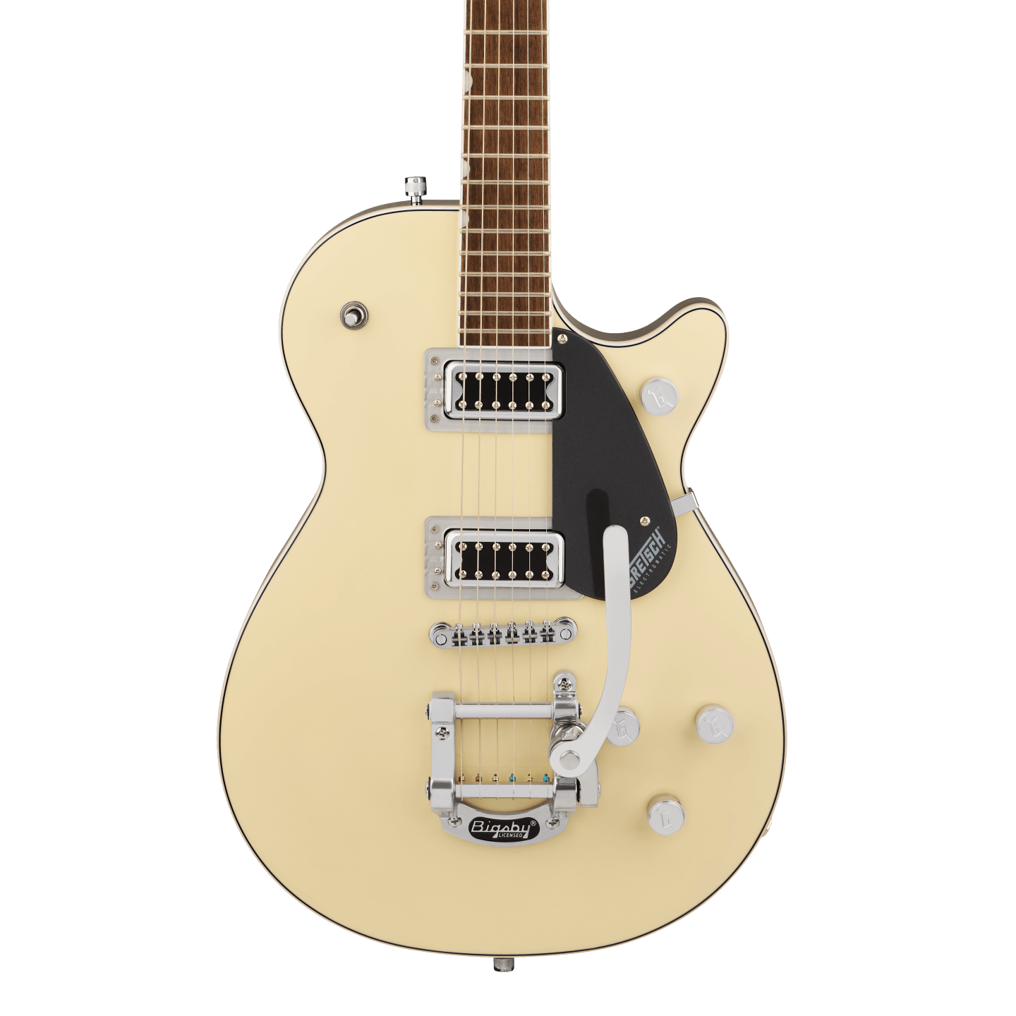 Front of Gretsch G5230T Electromatic Jet Flat Top 2 Tone Vintage White/London Grey.