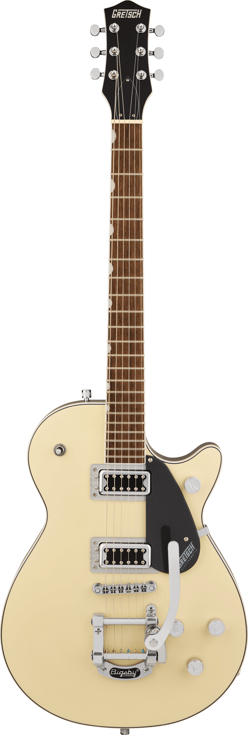 Full frontal of Gretsch G5230T Electromatic Jet Flat Top 2 Tone Vintage White/London Grey.