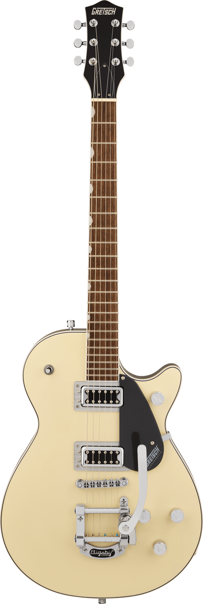 Full frontal of Gretsch G5230T Electromatic Jet Flat Top 2 Tone Vintage White/London Grey.