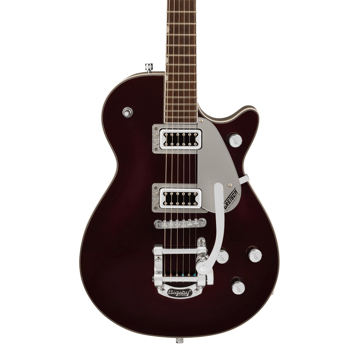 Front of Gretsch G5230T Electromatic Jet Flat Top Dark Cherry Metallic.