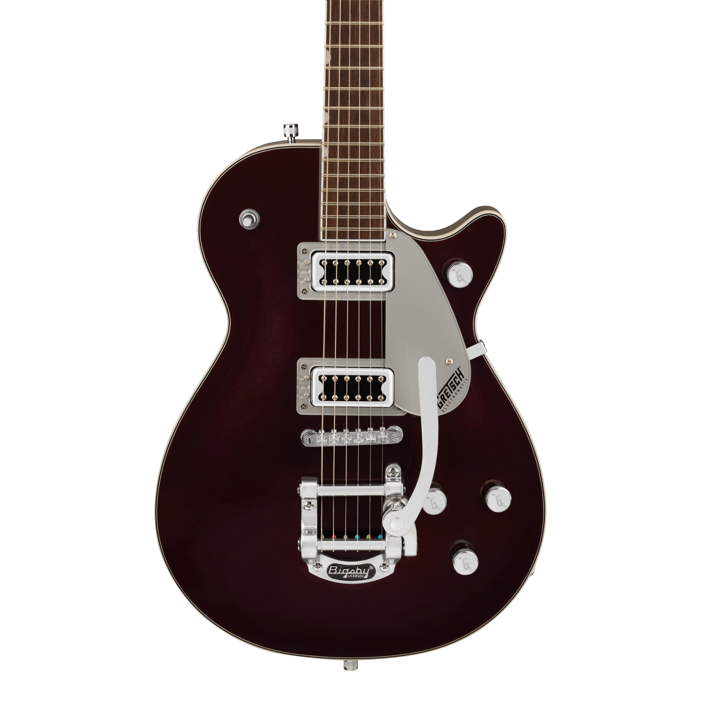 Front of Gretsch G5230T Electromatic Jet Flat Top Dark Cherry Metallic.