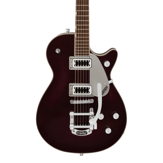 Front of Gretsch G5230T Electromatic Jet Flat Top Dark Cherry Metallic.