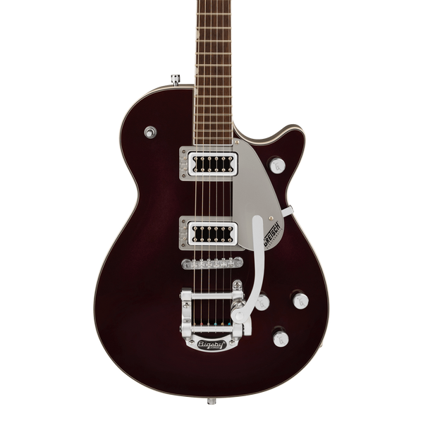 Front of Gretsch G5230T Electromatic Jet Flat Top Dark Cherry Metallic.