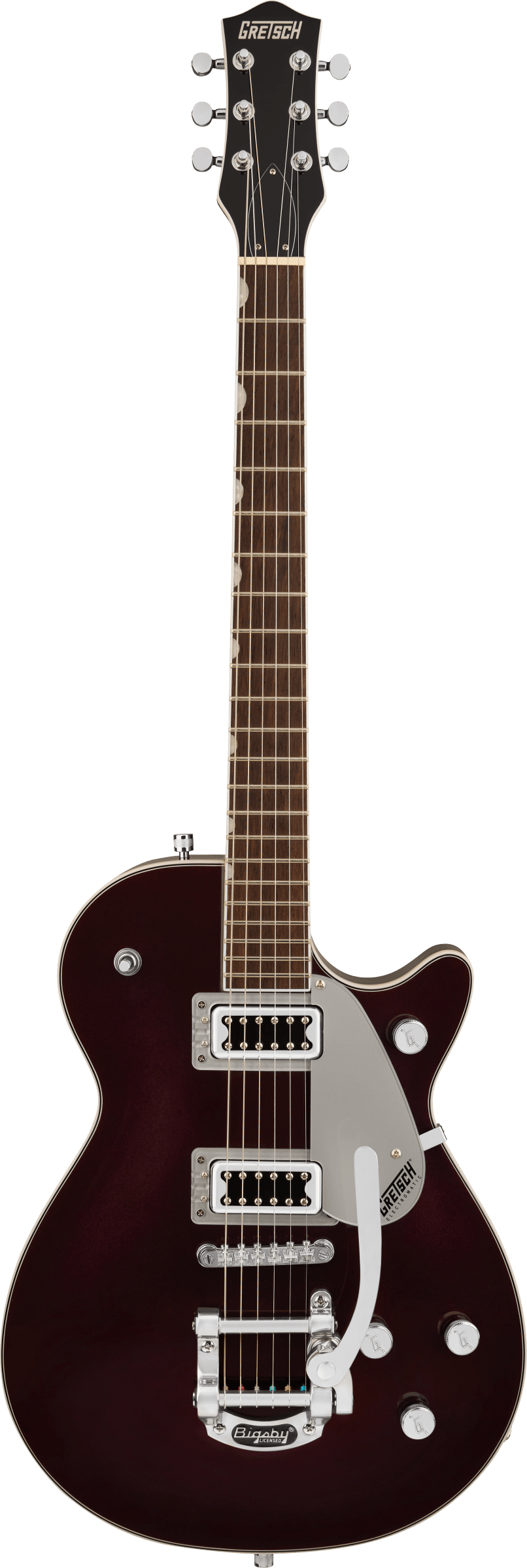 Full frontal of Gretsch G5230T Electromatic Jet Flat Top Dark Cherry Metallic.