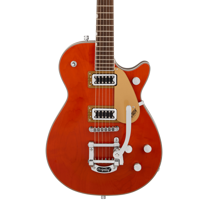 Front of Gretsch G5230T Electromatic Jet Flat Top Orange Stain.