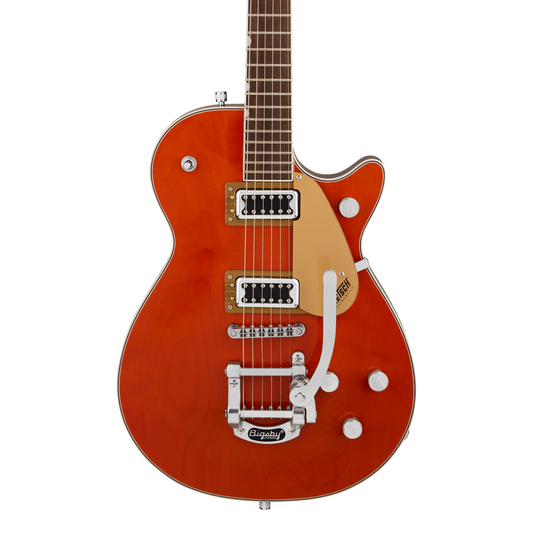 Front of Gretsch G5230T Electromatic Jet Flat Top Orange Stain.