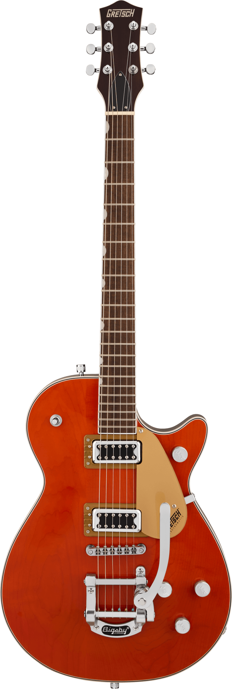 Full frontal of Gretsch G5230T Electromatic Jet Flat Top Orange Stain.