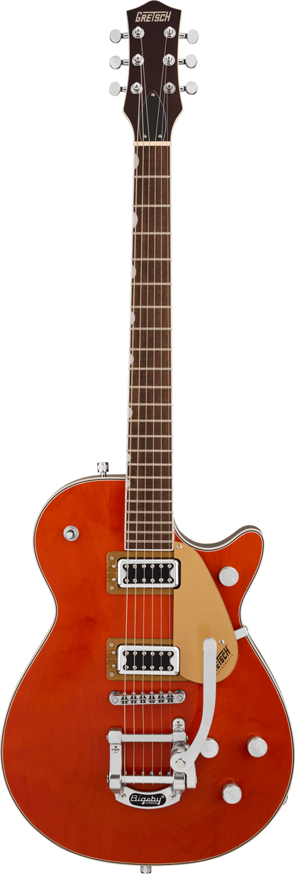 Full frontal of Gretsch G5230T Electromatic Jet Flat Top Orange Stain.