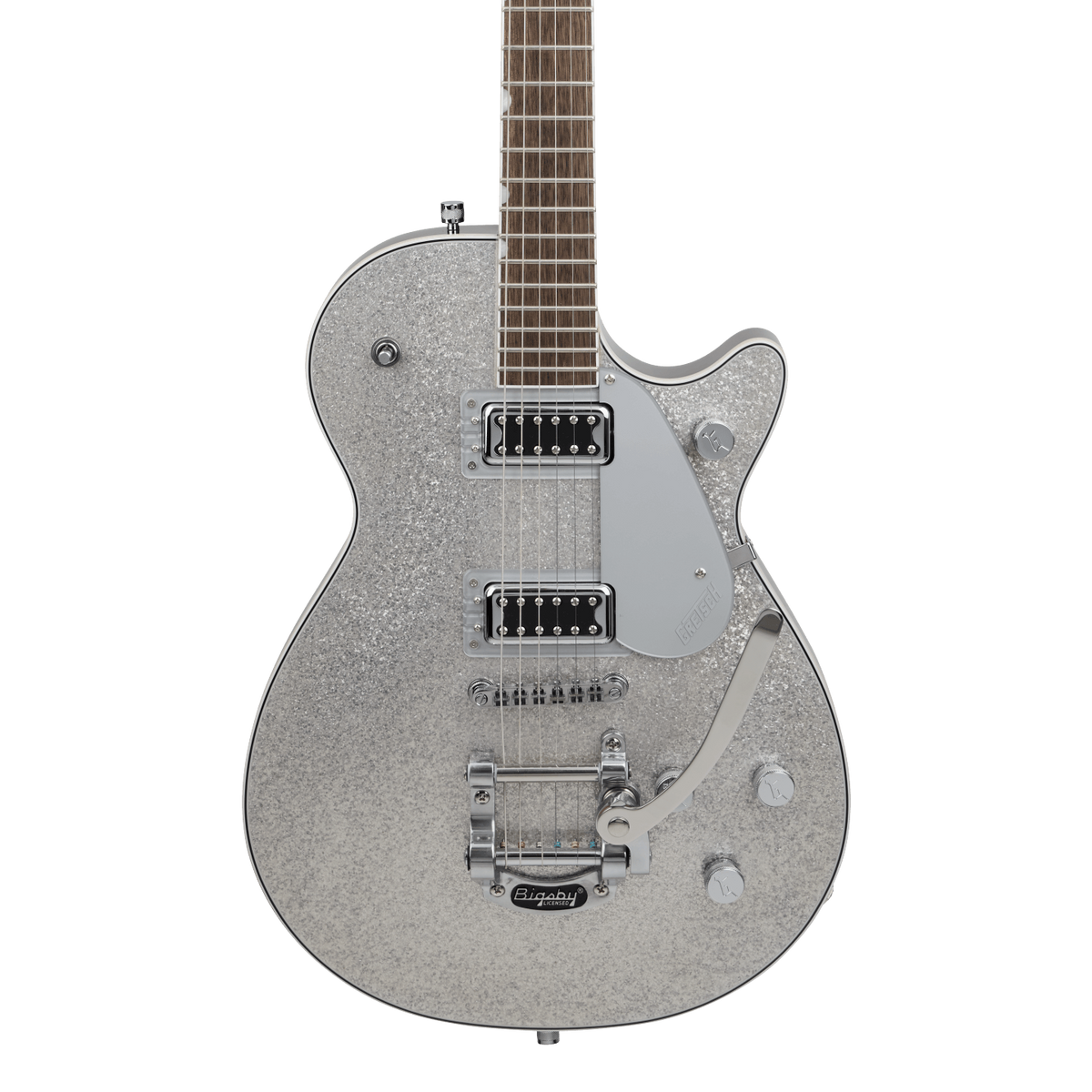 Front of Gretsch G5230T Electromatic Sparkle Jet FT Single-Cut Bigsby Silver Sparkle.
