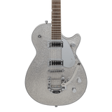 Front of Gretsch G5230T Electromatic Sparkle Jet FT Single-Cut Bigsby Silver Sparkle.