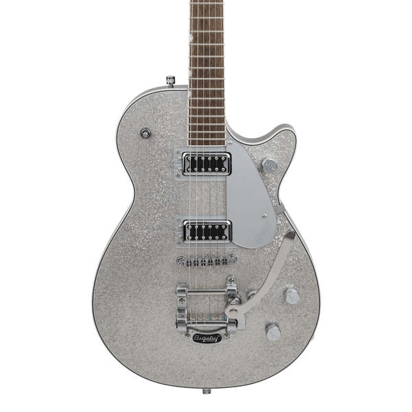 Front of Gretsch G5230T Electromatic Sparkle Jet FT Single-Cut Bigsby Silver Sparkle.