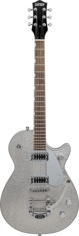 Full frontal of Gretsch G5230T Electromatic Sparkle Jet FT Single-Cut Bigsby Silver Sparkle.