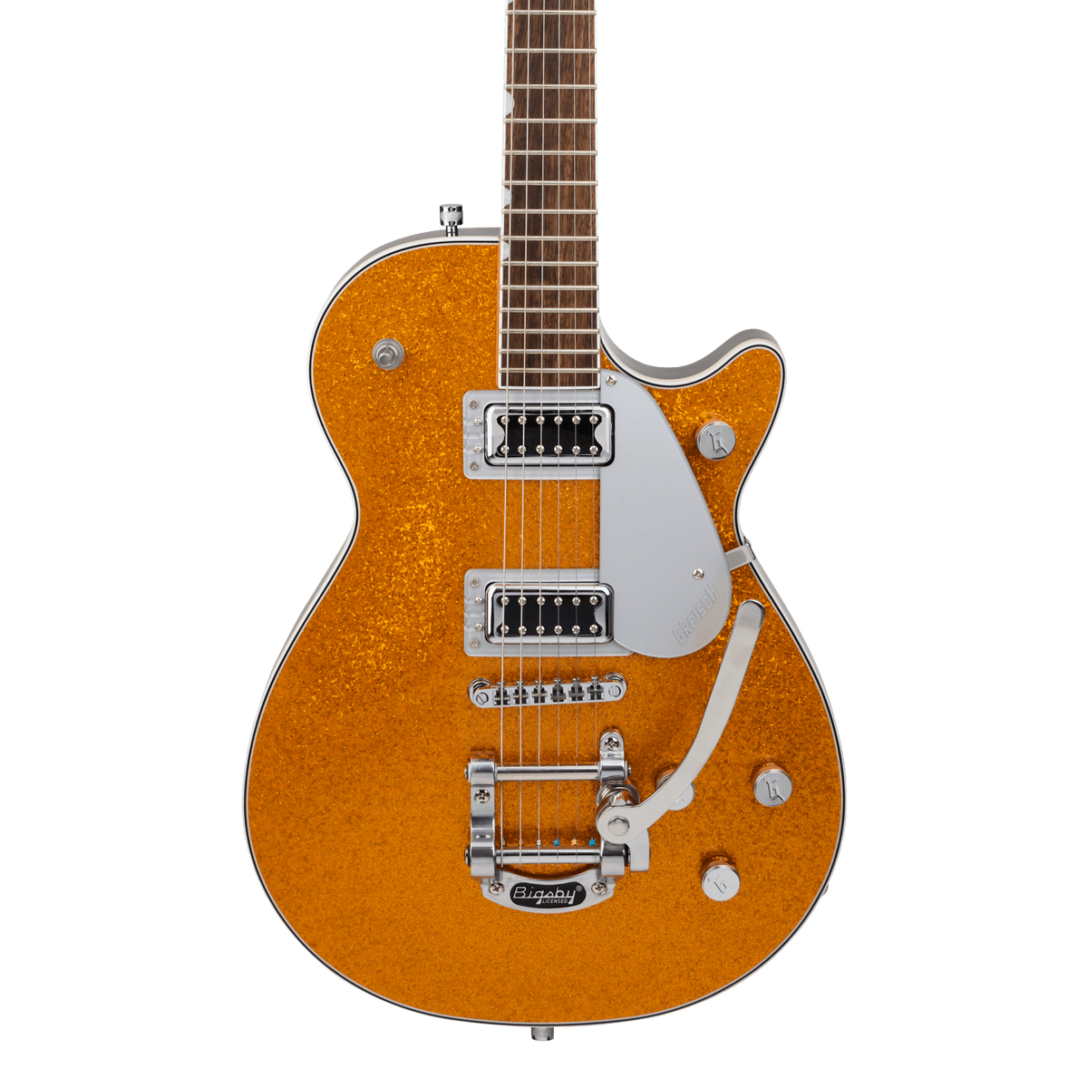 Front of Gretsch G5230T Electromatic Sparkle Jet FT Single-Cut with Bigsby Laurel Fingerboard Gold Sparkle.