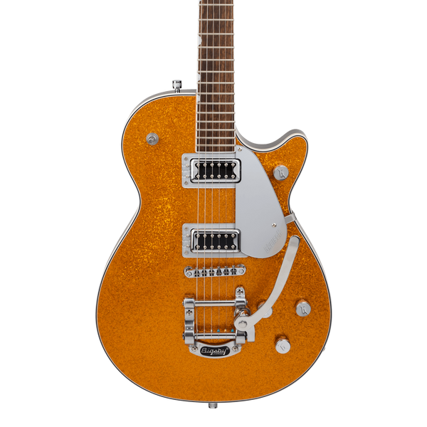 Front of Gretsch G5230T Electromatic Sparkle Jet FT Single-Cut with Bigsby Laurel Fingerboard Gold Sparkle.