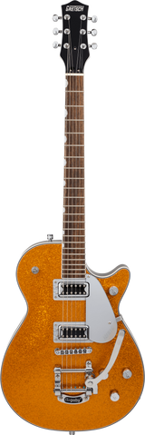 Full frontal of Gretsch G5230T Electromatic Sparkle Jet FT Single-Cut with Bigsby Laurel Fingerboard Gold Sparkle.